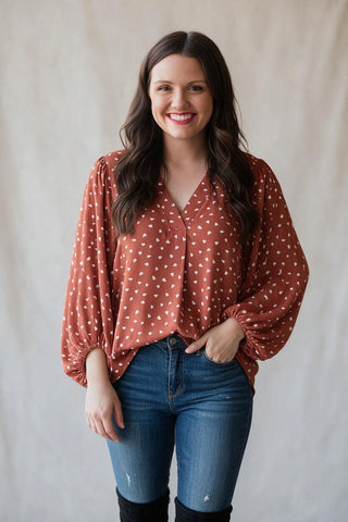 fall print blouse with balloon sleeves, perfect for fall