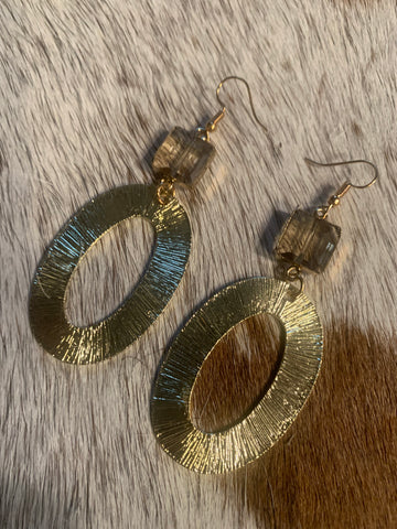 gold oval fashion earrings wih a smokey stone 