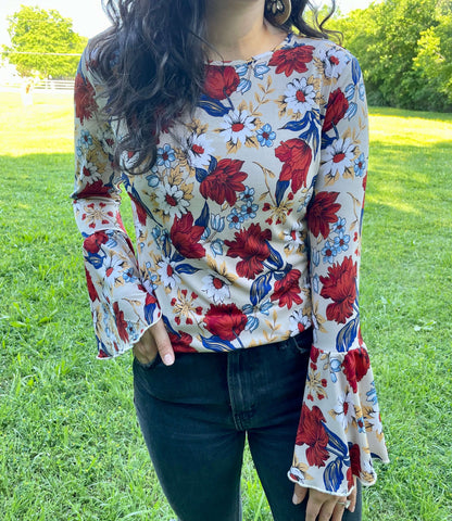 boho floral spring top with statement sleeves in our boutique aunt lillie bells