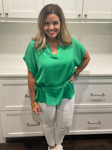 kelly green satin top with a tie waist, perfect for work or play