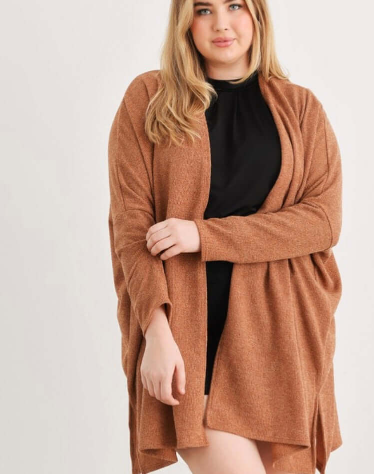 plus size camel fall cardigan in our boutique aunt lillie bells
