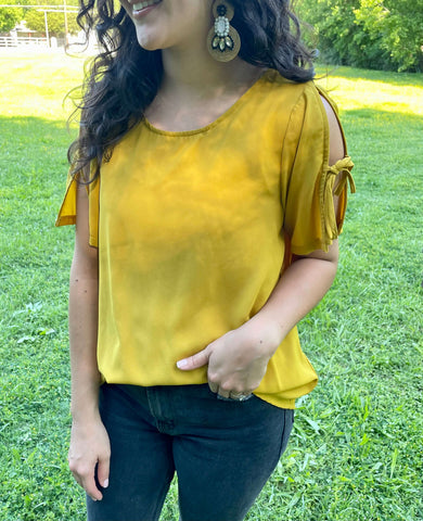 mustard blouse with tie sleeves for work