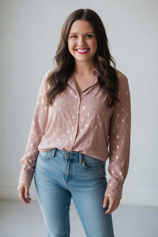 khaki top with gold flecks, longed sleeve