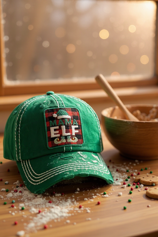 mama elf distressed cap for Christmas in green