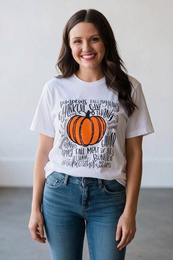 everything fall tee with bright orange pumpkin
