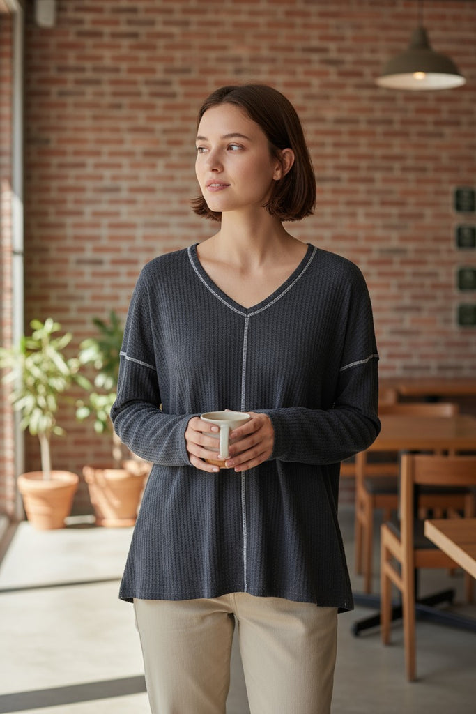 dark grew waffle weave to with open raw seams for a boho fall look