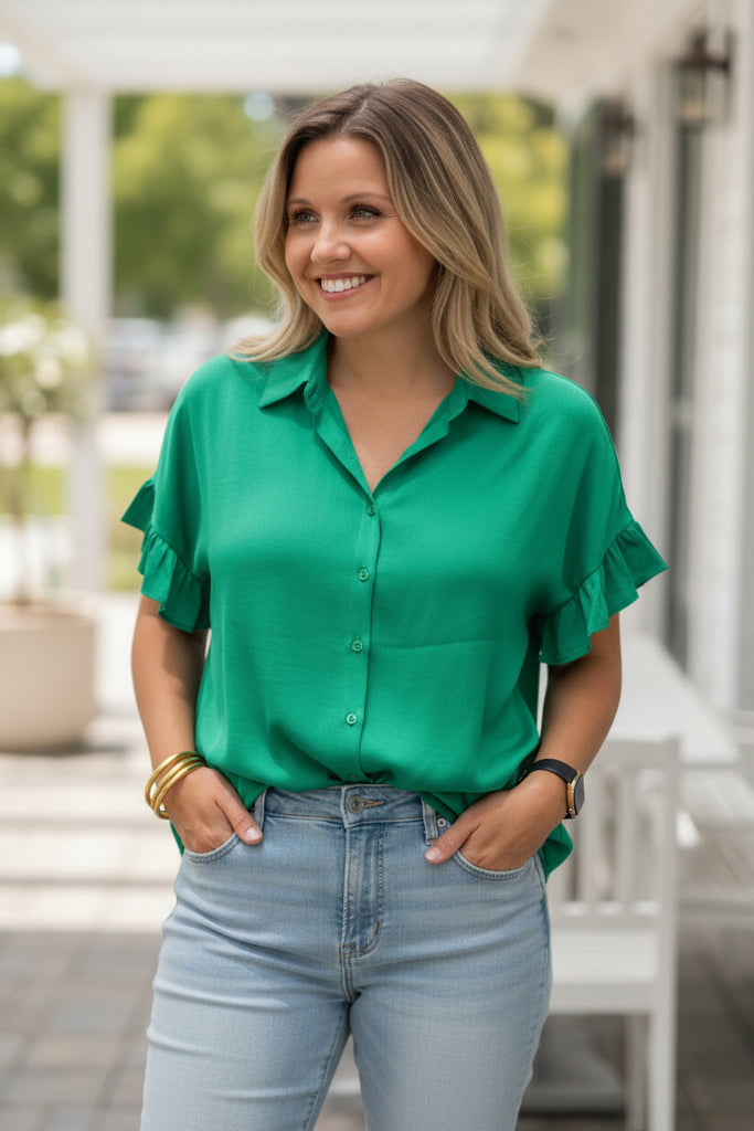 Kelly green blouse with ruffle sleeves