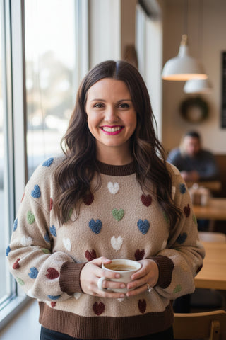 heart sweater top in neutral colors, with different color hearts