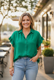 kelly green blouse with ruffle sleeves