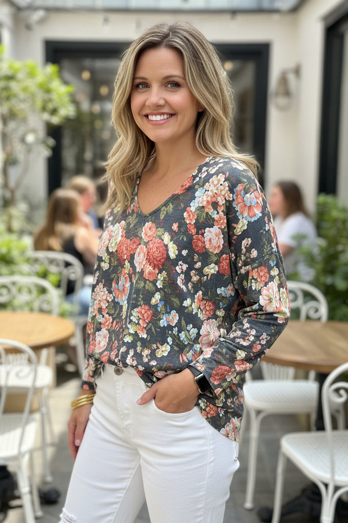 navy floral top at an affordable price