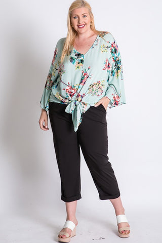 mint floral front tie top in plus sizes