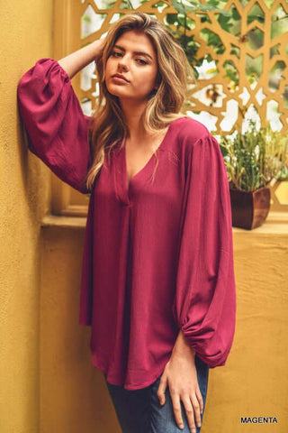 magenta blouse with bubble sleeves