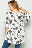 white and black floral print babydoll top with ruffle sleeves