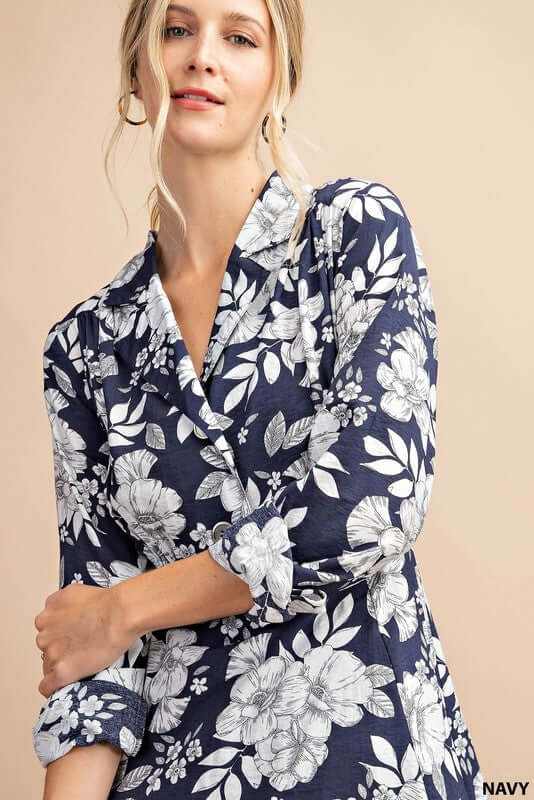 navy and white floral print dress