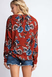 fall print sweater in maroon with blue flowers
