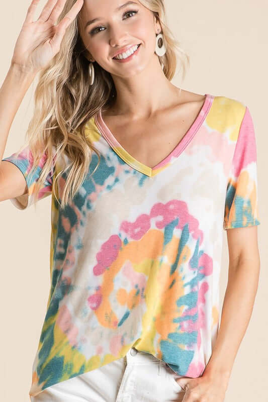 Tie Dye print top in yellow and orange for spring or summer in our online boutique aunt lillie bells