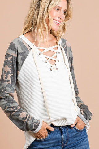 ivory and camo knit top from bibi