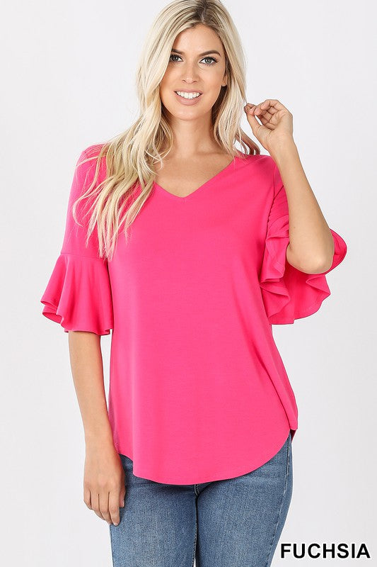 pink ruffle sleeve spring and summer top in our boutique aunt lillie bells