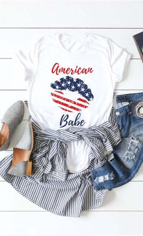 american babe lip tee in red white and blue in our texas boutique