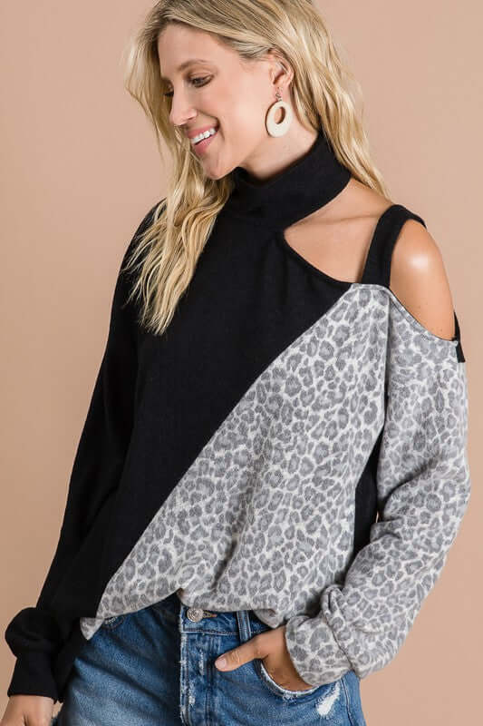 brushed knit top with leopard and black color block open shoulder top