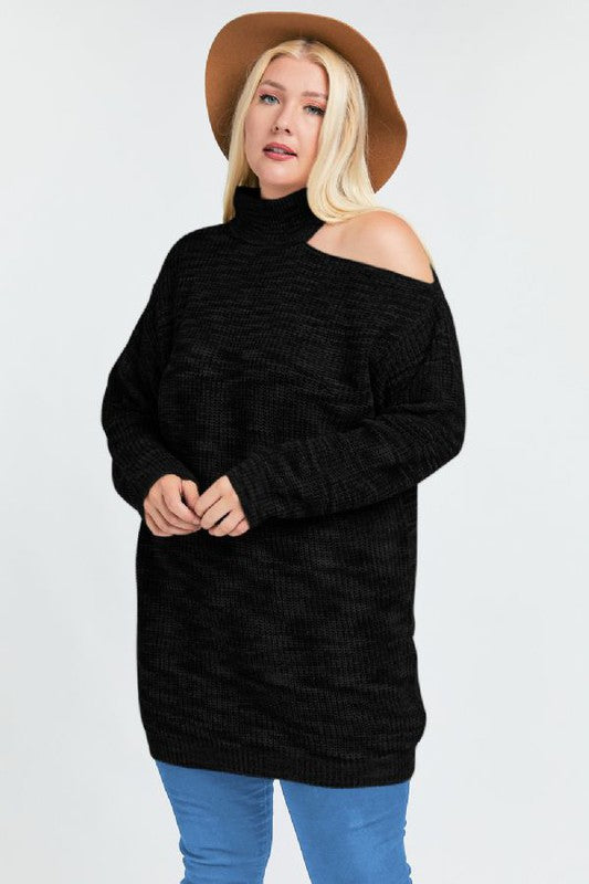 black plus size sweater dress with one shoulder 