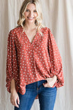 rust, blouse with heart print and bubble sleeves in our online boutique aunt lillie bells