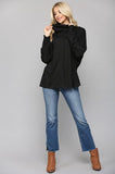 black cowel neck top with drop sleeves and outside seams