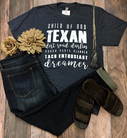 dirt road darlin, porch party planner,taco enthusiast, dreamer graphic tee