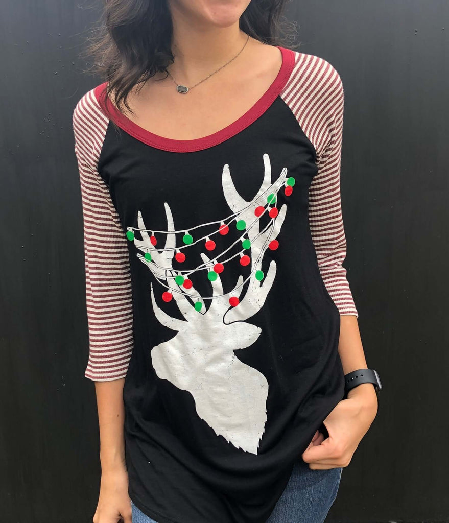Christmas tee in black with a reindeer and maroon striped sleeves