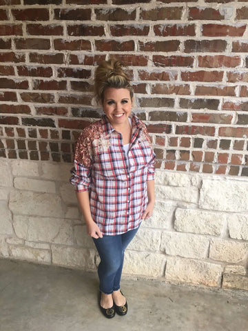 red white and blue plaid top with lace detail in our boutique aunt lillie bells
