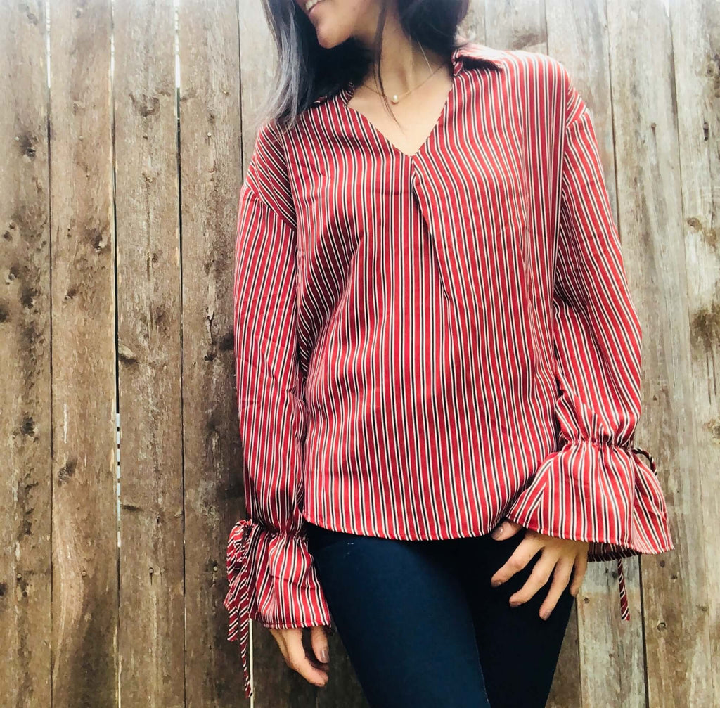 Brick Striped Top with Sleeve Tie - Aunt Lillie Bells