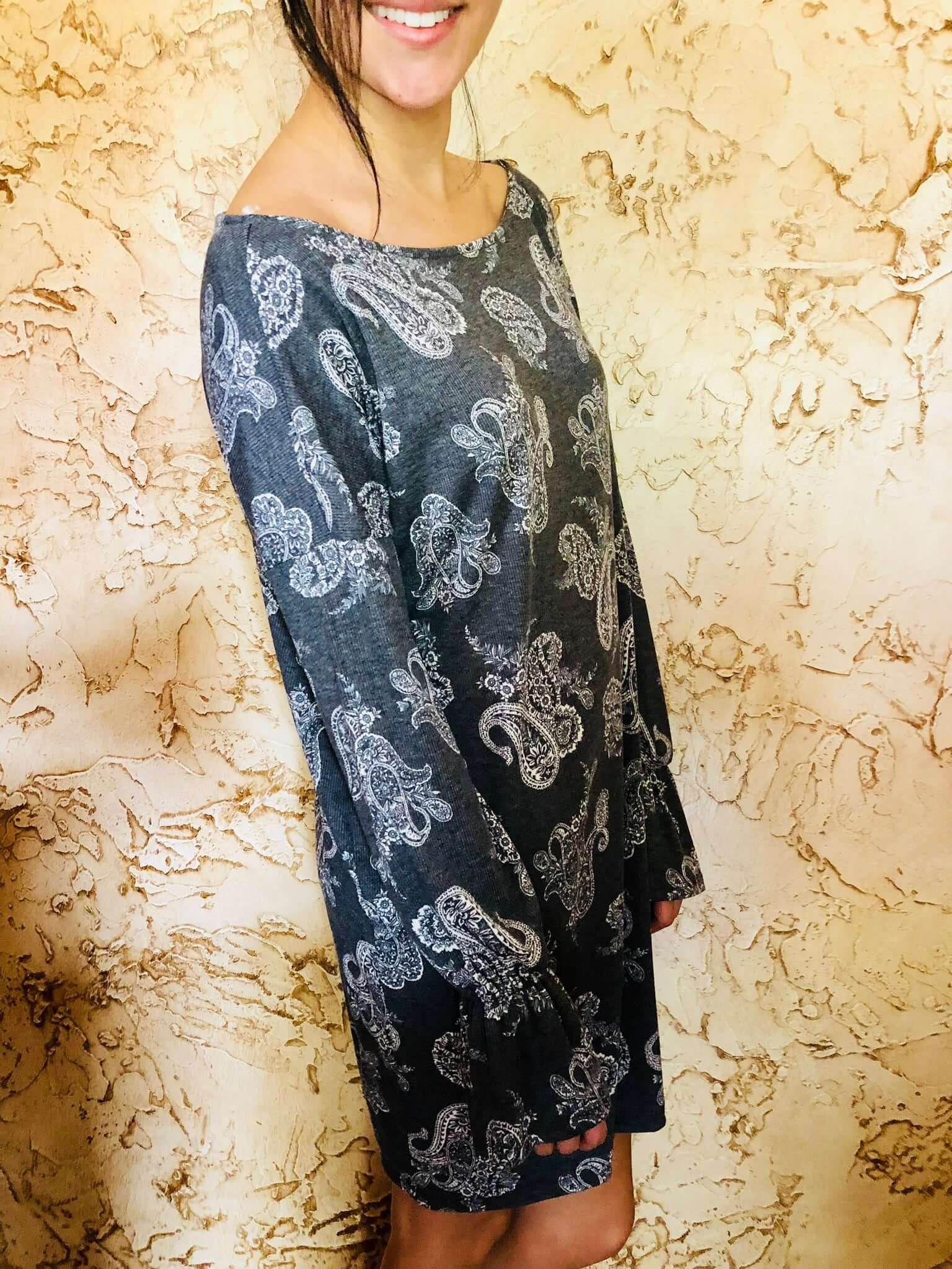 grey paisley dress Loft Paisley Smocked Tie Neck Mini Dress Size Large Warm Ecru Women's
