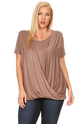 neutral cocoa draped front plus size top for spring and summer in our western boutique aunt lillie bells