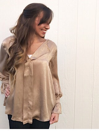  Taupe satin blouse perfect for the holidays