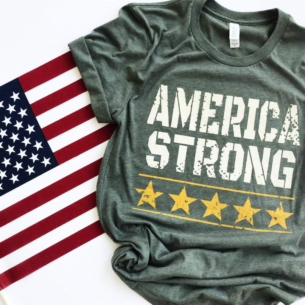 America Strong T-Shirt  in army green, in our texas boutique aunt lillie bells
