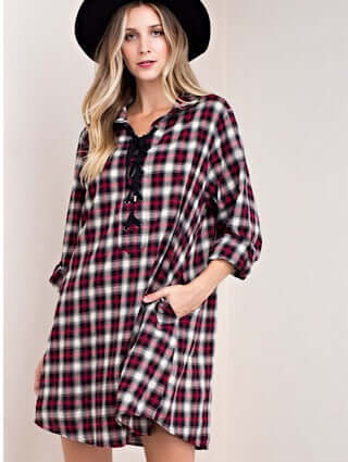 Red and Black Plaid Shirt Dress