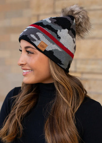 grey camo knit cap with red strip 