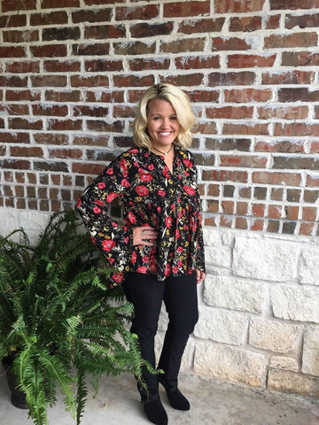 fall floral top in black with mustard and rose flowers in our boutique aunt lillie bells