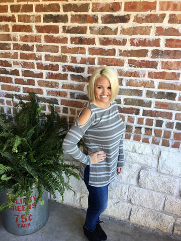 Grey and White Striped Top with Cold Shoulder - Aunt Lillie Bells