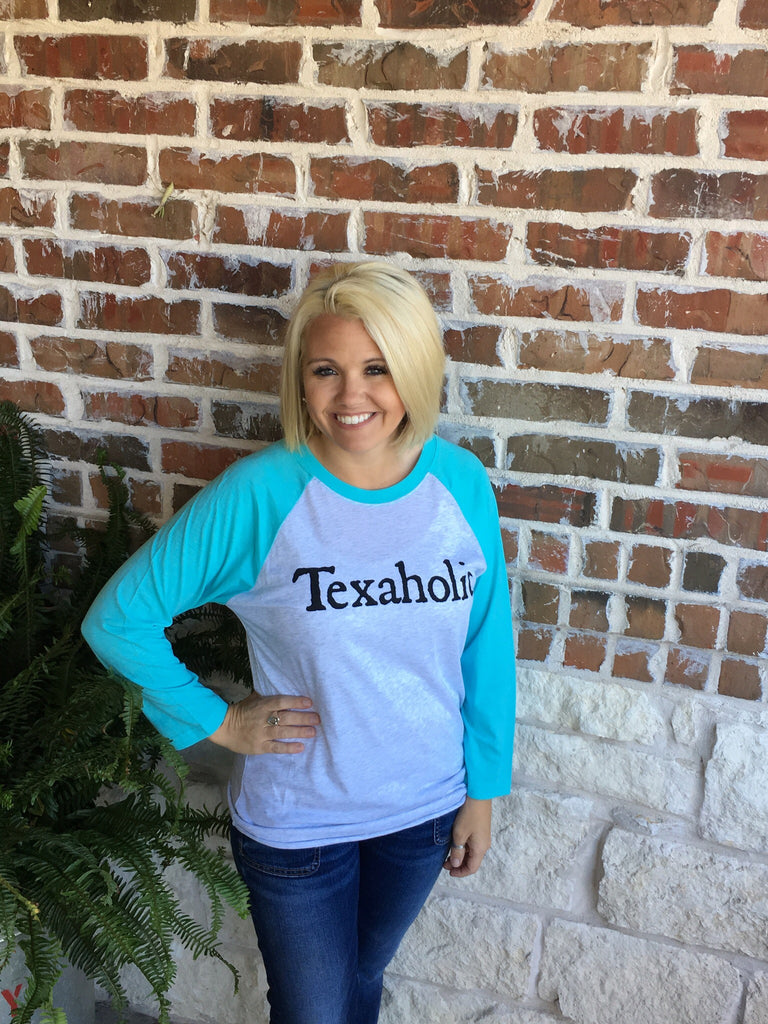  Texaholic Raglan Tee with Turquoise Sleeves Aunt Lillie Bells 