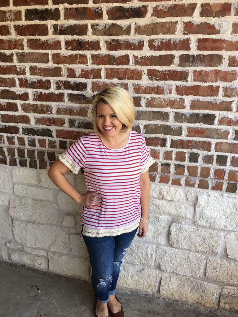 summer tee red and white stripes with fringe detail from manufacturer umgee in our boutique aunt lillie bells