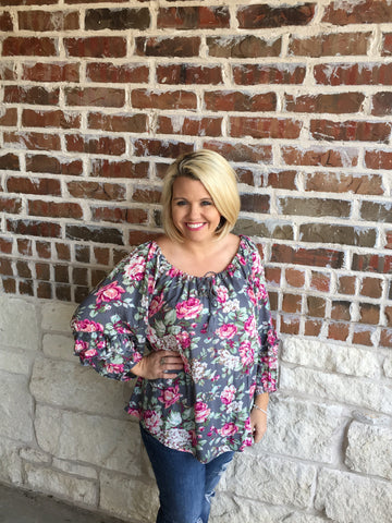 Grey and Pink Floral Top - Aunt Lillie Bells