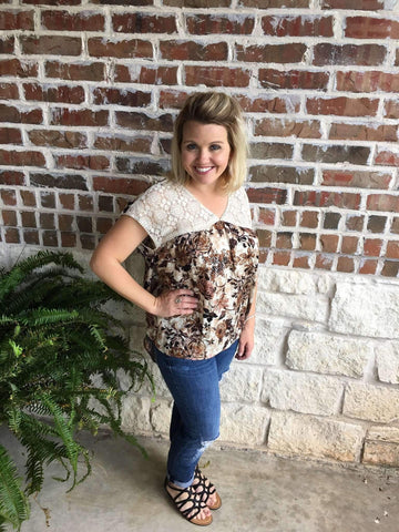 Brown Flower Print top with a boho western vibe at aunt lillie bells