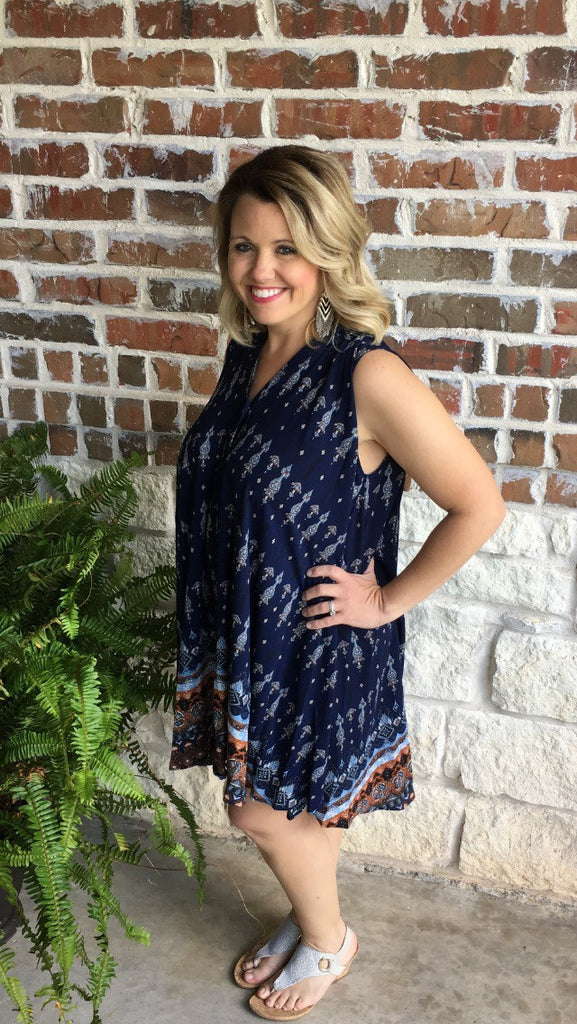 Navy and Brown Print Swing Dress - Aunt Lillie Bells