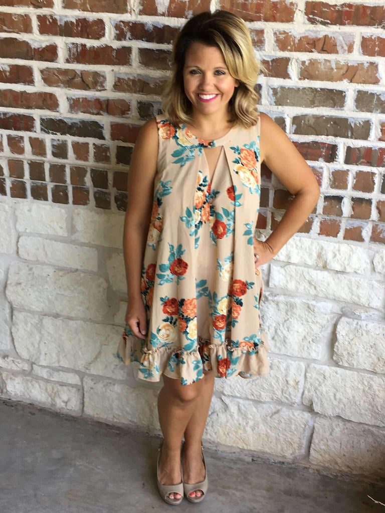 Taupe and floral print dress in our boutique aunt lillie bells