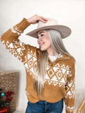 mustard aztec print pullover zip sweater