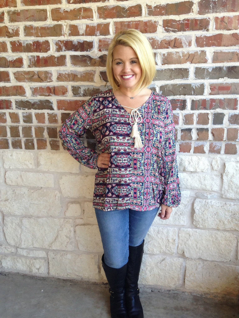 pink and purple boho print top in plus size