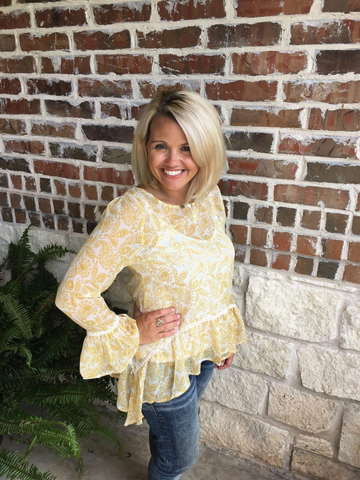  Yellow Paisley  spring top with ruffle hem and sleeves