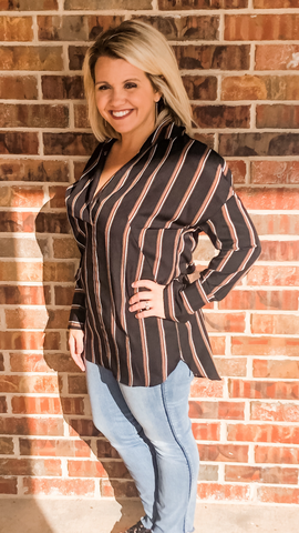 black and brown striped blouse for work or play in our boutique aunt lillie bells