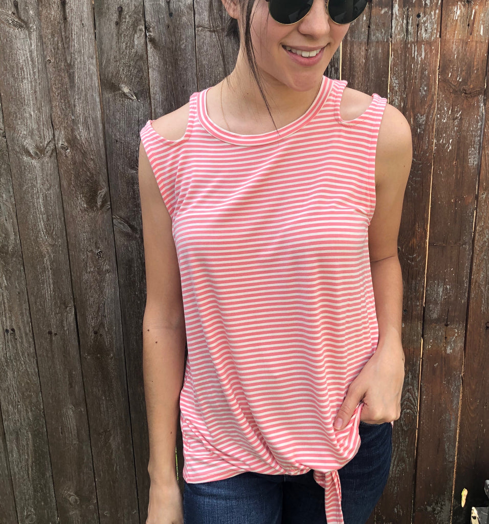 Pink Coral Striped Top with Shoulder Cut-Outs